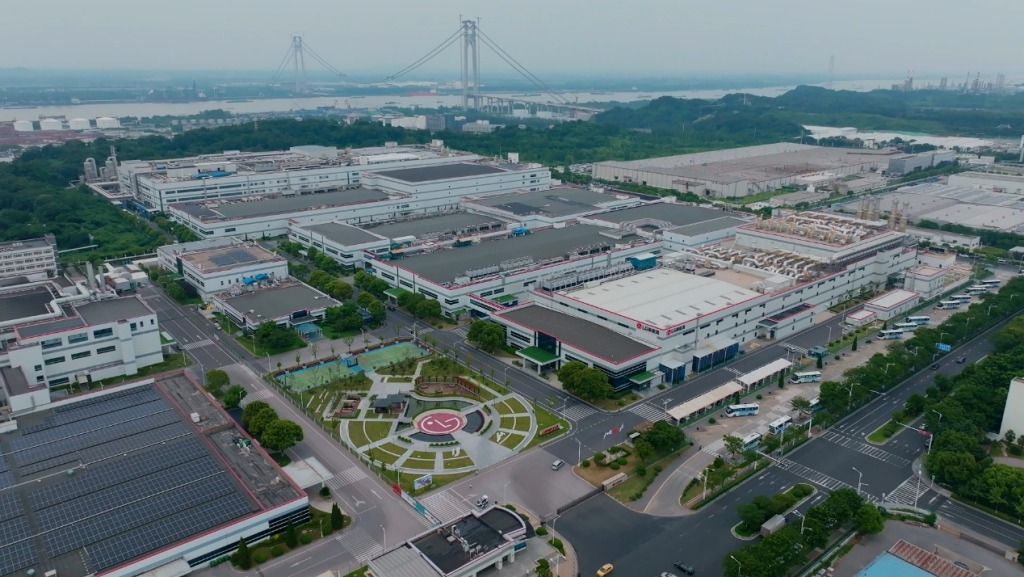 Aerial view of LG Energy Solution industrial campus in Nanjing with bridge and river in background
